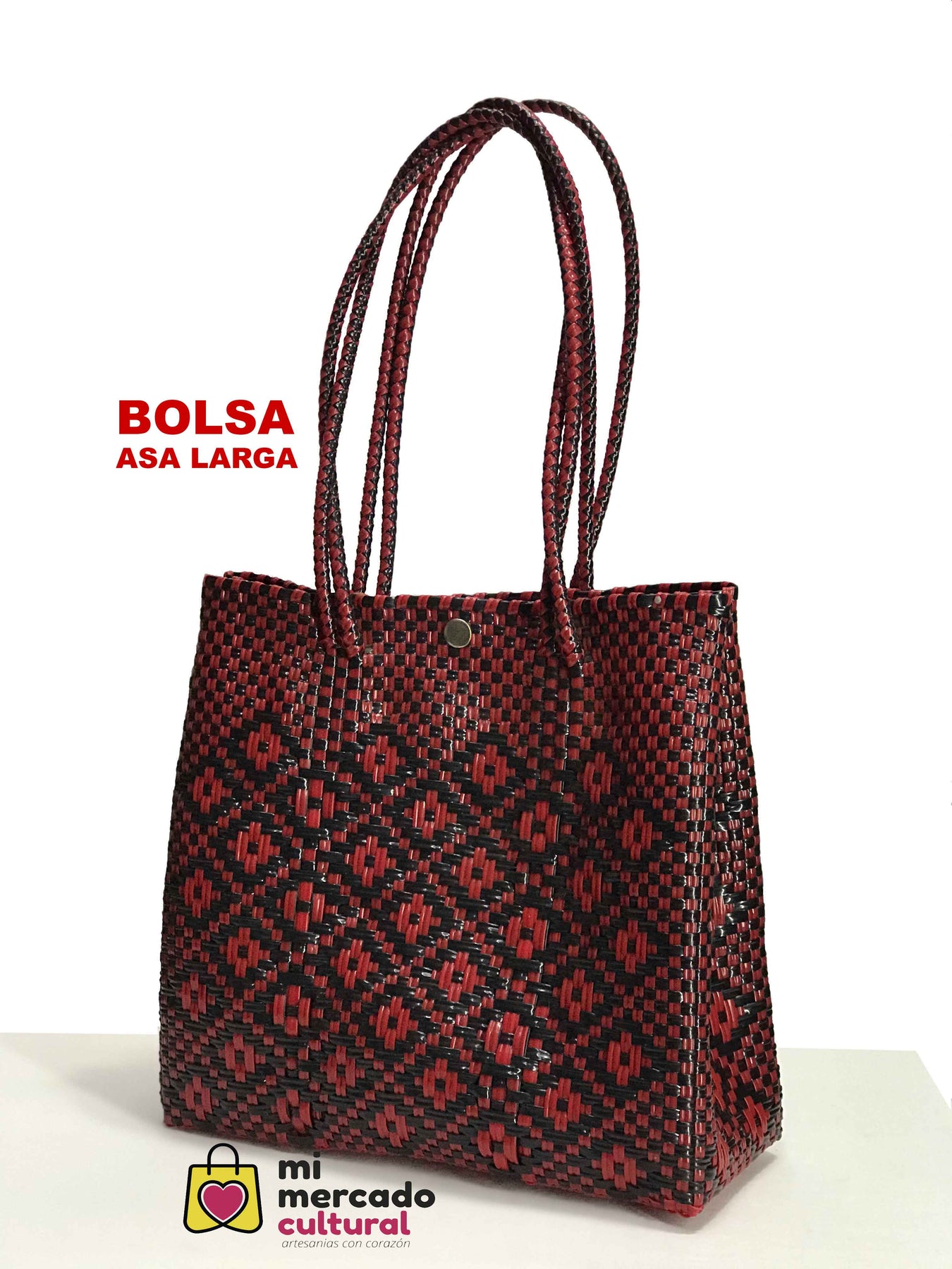 Bolsa tejido de color (rojo-negro) con asa larga, Oaxaca,