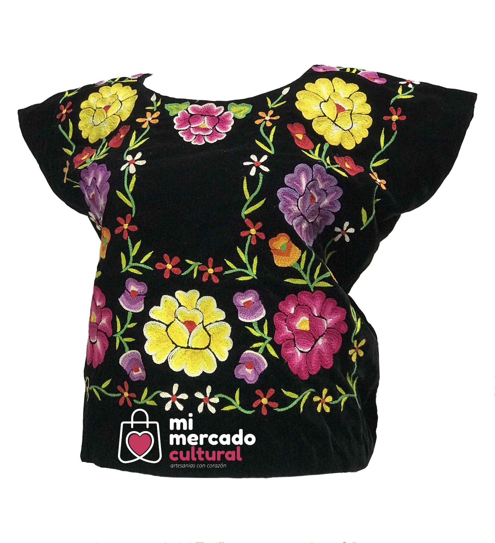 Huipil negro (bordado con flores) del Istmo,